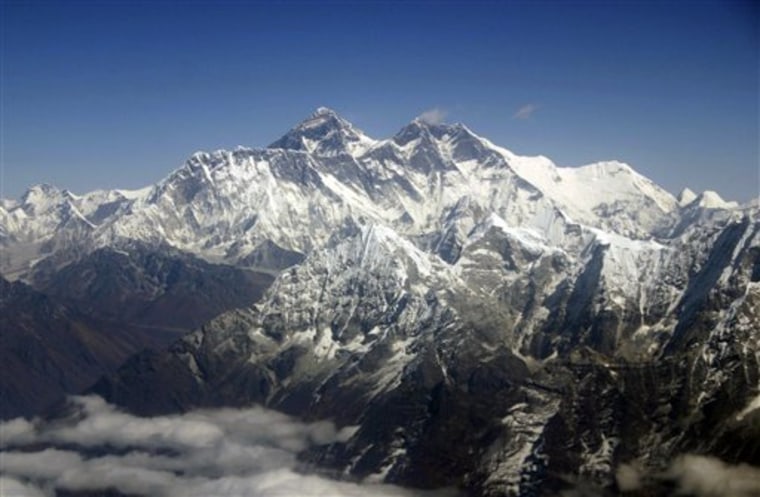This photo shows Mount Everest from an aerial view taken over Nepal. Climbers attempting to scale the world's highest peak now have access to high-speed Internet near its 17,000-foot base camp, the last gathering point on the journey to the top.